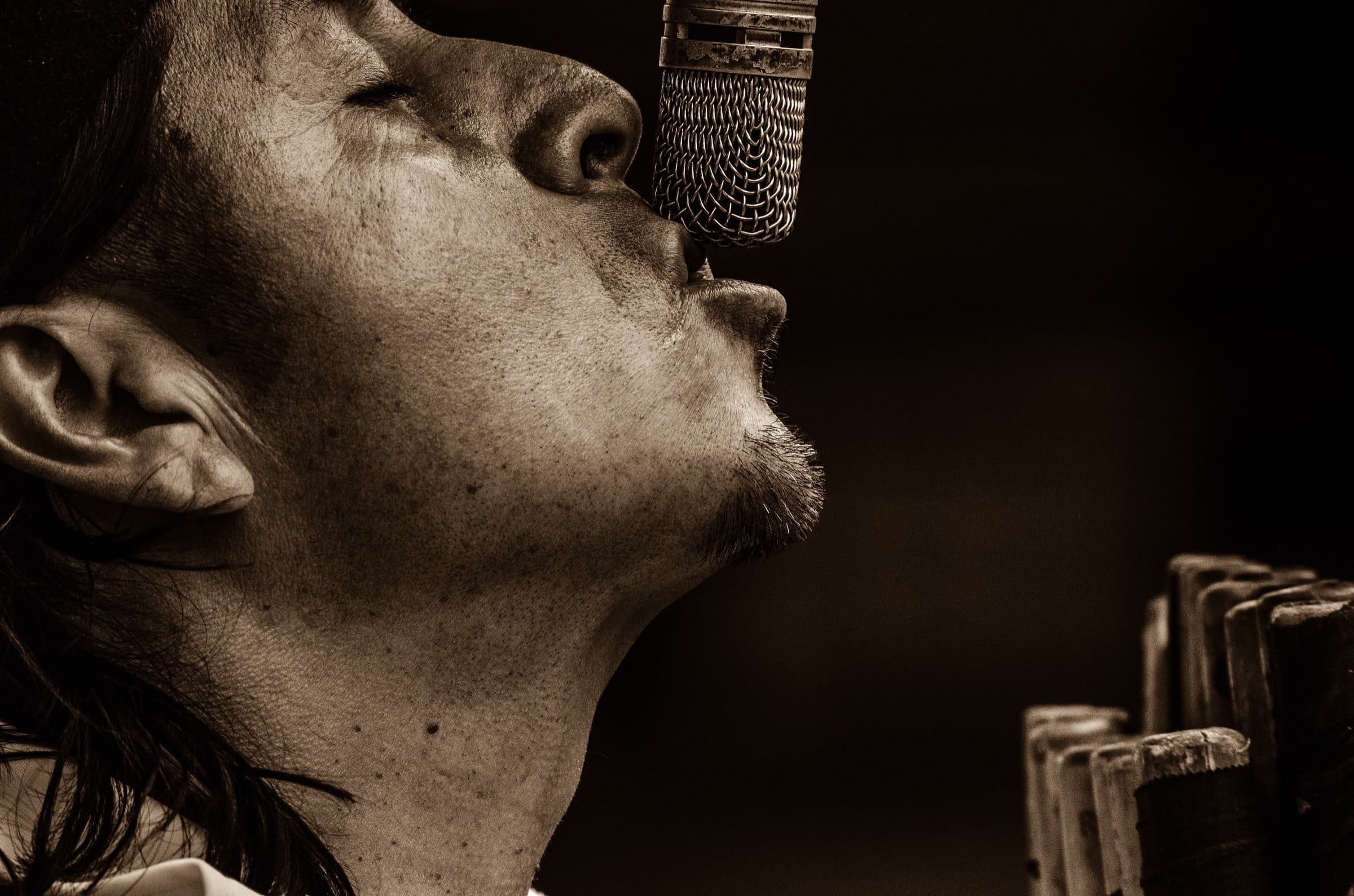A singer performing into a microphone, eyes closed, in warm stage light